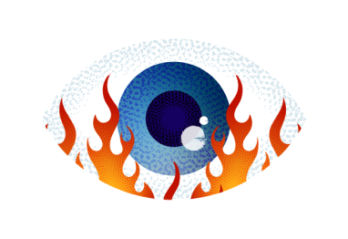 drawn image of an eye with flames on it