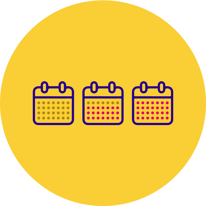 Icon of a yellow circle with three blue calendar images on it