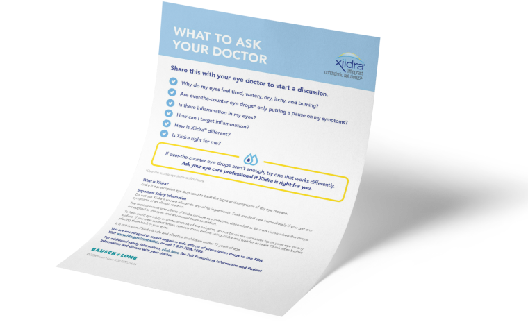 Image of a piece of paper with the text What to ask you doctor across the top along side the Xiidra logo, there are then several questions with checkmarks next to each